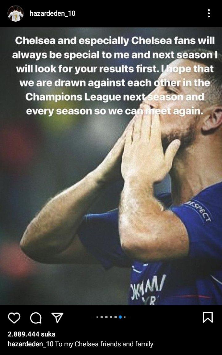 Unggahan Eden Hazard pasca meninggalkan Chelsea ke Real Madrid Copyright: instagram.com/hazardeden_10/