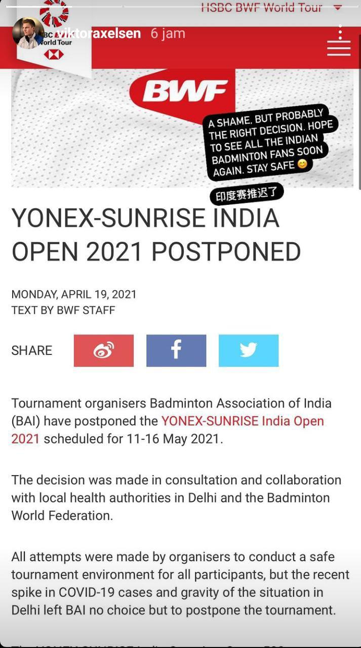 Reaksi Viktor Axelsen soal kompetisi India Open 2021 yang ditunda. Copyright: IG Story Victor Axelsen