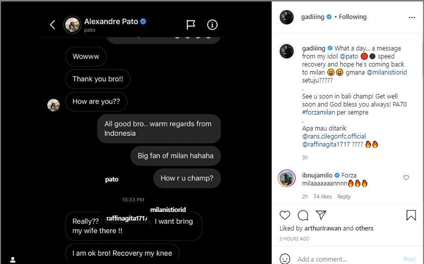 Percakapan Gading Marten dengan Alexandre Pato Copyright: instagram.com/gadiiing