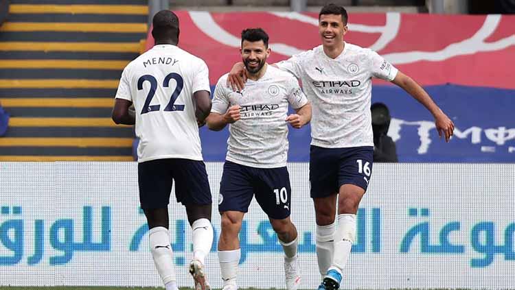 Selebrasi gol Sergio Aguero di laga Crystal Palace vs Manchester City.