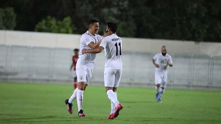 Selebrasi pemain Afghanistan usai mencetak gol ke gawang Timnas Indonesia pada laga uji coba di Iranian Club Stadium, Dubai, Uni Emirat Arab (UEA), Selasa (25/05/21).