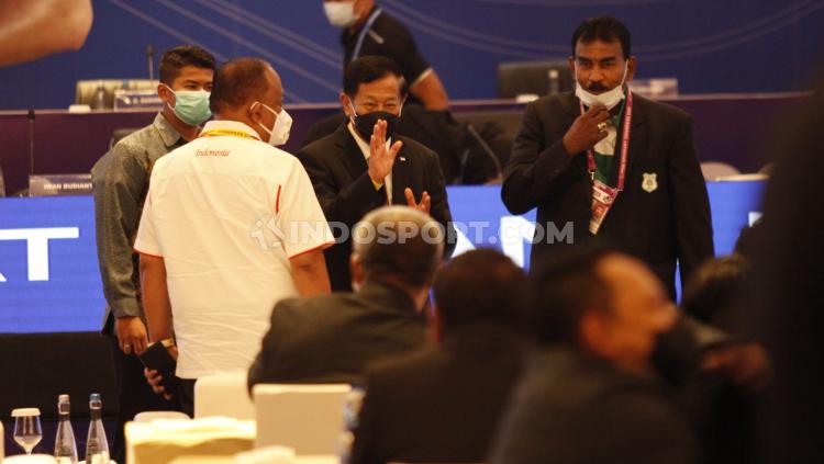 Agum Gumelar tiba di venue Kongres PSSI 2021 di Hotel Raffles, Jakarta, Sabtu (29/05/21).