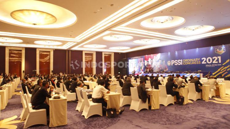 Suasana acara Kongres PSSI 2021 di Hotel Raffles, Jakarta, Sabtu (29/05/21).