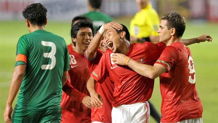Selebrasi pemain Indonesia, pertandingan Indonesia vs Turkmenistan di kualifikasi piala dunia 2014.