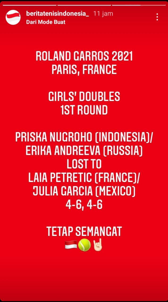 Petenis Indonesina, Priska Nugroho, tersingkir dari ajang French Open 2021. Copyright: Instagram