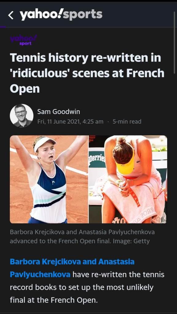 Media asing soroti sejarah konyol yang terjadi di Prancis Terbuka 2021. Copyright: Yahoo! Sports