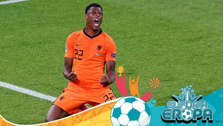 Denzel Dumfries saat mencetak gol kemenangan Belanda atas Ukraina di Euro 2020.