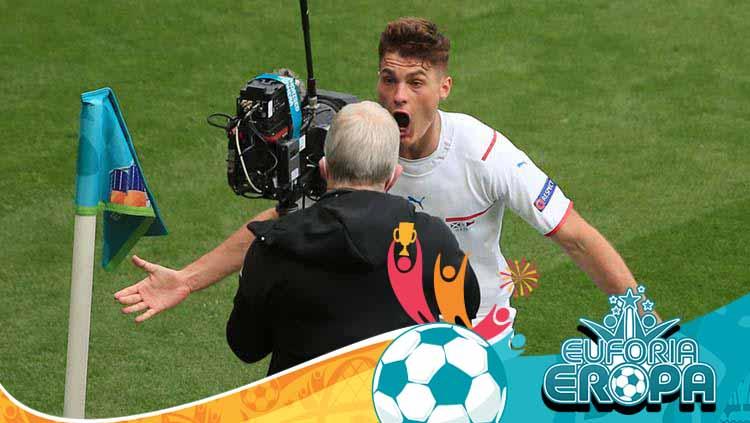 Selebrasi gol Patrik Schick pada laga Grup D Euro 2020 antara Skotlandia vs Ceko.
