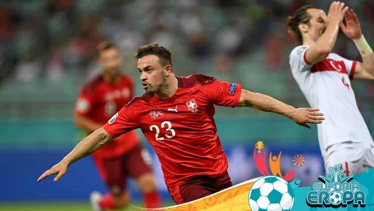Selebrasi Xherdan Shaqiri usai mencetak gol ketiga Swiss ke gawang Turki.