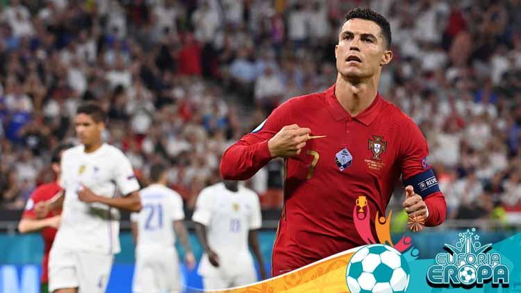 Selebrasi pemain Portugal, Cristiano Ronaldo usai cetak gol penalti ke gawang Prancis di Euro 2020.