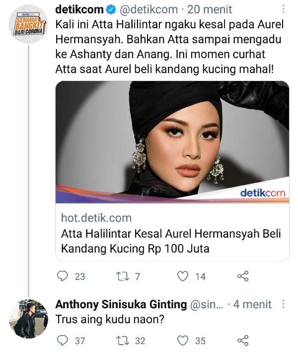 Komentar Anthony Sinisuka Ginting terhadap pemberitaan mengenai Atta-Aurel. Copyright: https://twitter.com/sinisukaanthony