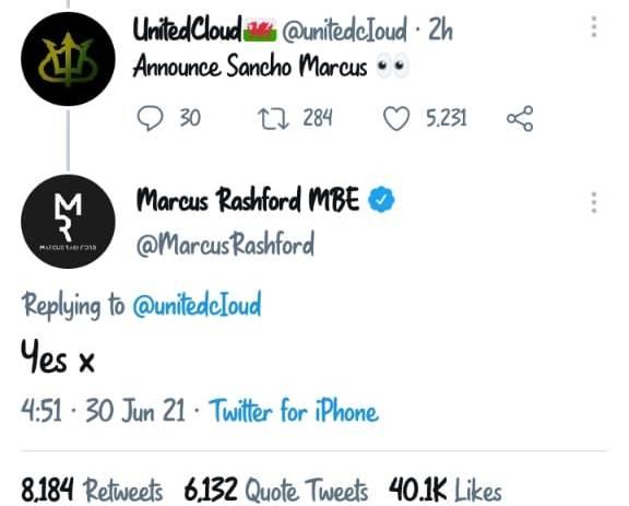 Tangkapan layar Twitter Marcus Rashford soal Jadon Sancho ke Manchester United. Copyright: Twitter @MarcusRashford