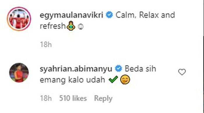 Syahrian Abimanyu memberikan komentar di kolom komentar Instagram Egy Maulana Vikri. Copyright: Instagram.com/@egymaulanavikri.