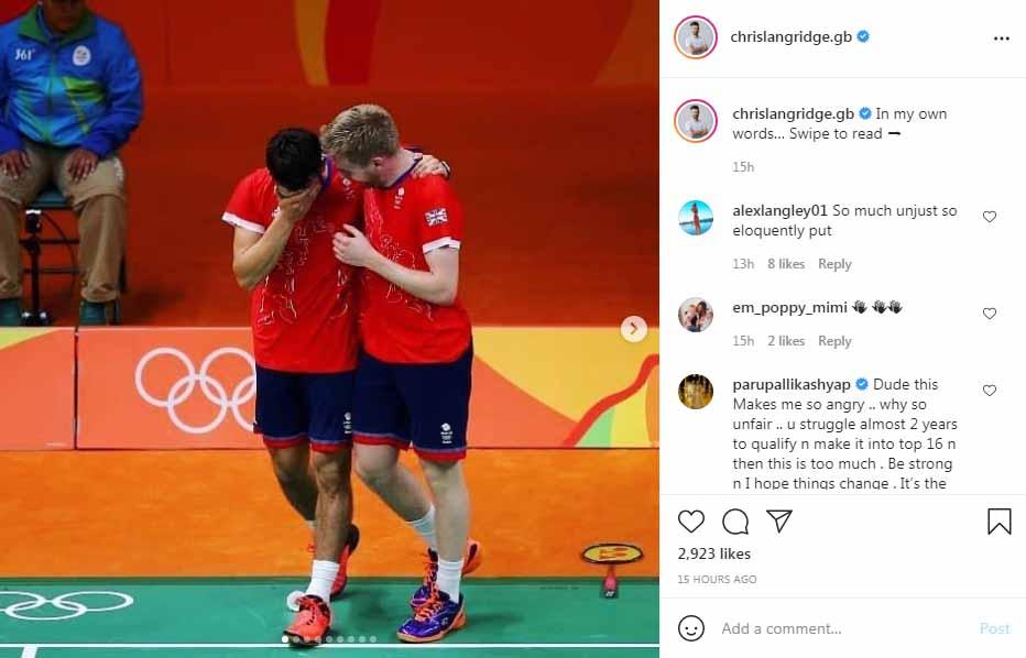 Kukungan suami Saina Nehwal ke Chris Langridge yang tidak dimasukkan ke skuat bulutangkis Inggris di Olimpiade Tokyo 2020. Copyright: Instagram@chrislangridge.gb