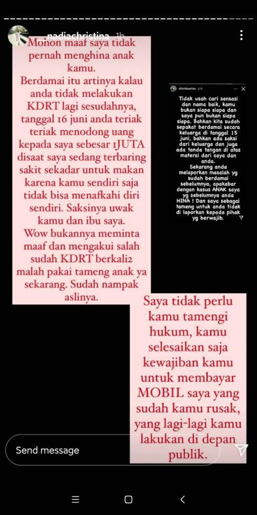 Postingan Nadia Christina soal Alfath Fathier melakukan KDRT. Copyright: Instagram @__nadiachristina