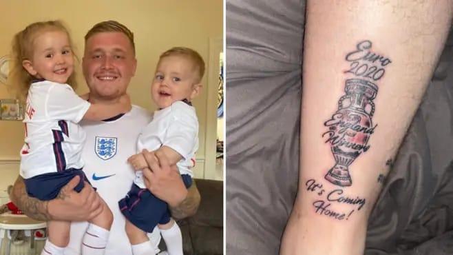 Lewis Holden, salah satu Fans Inggris yang berani memasang tato trofi Euro 2020 untuk kemenangan Three Lions. Copyright: Sport Bible