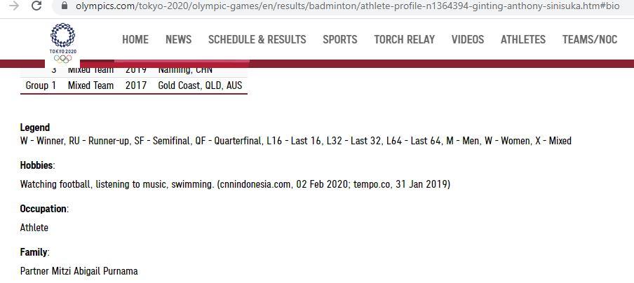 Situs Olimpiade Tulis Nama Pacar Anthony Ginting Copyright: Olympics.com