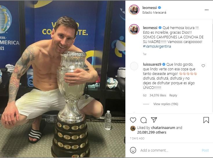 Lionel Messi breaks world record on Instagram after winning the 2021 Copa America Copyright: Instagram/leomessi