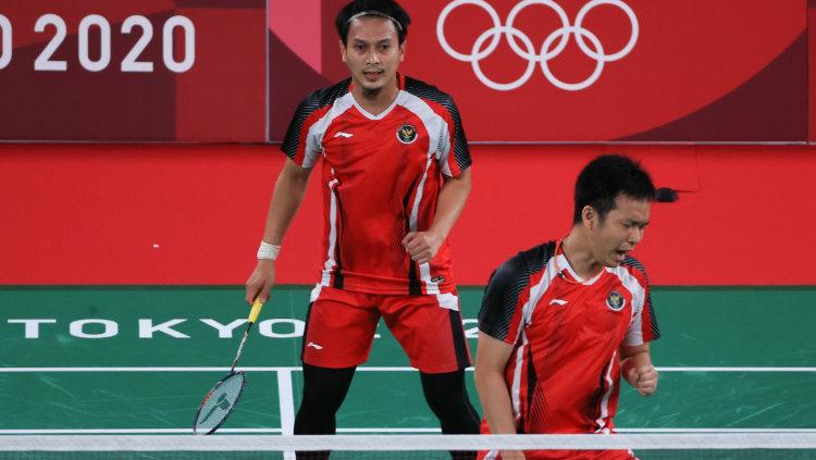 Hendra Setiawan/Mohammad Ahsan menang dua game langsung dengan skor 21-16 dan 21-19.