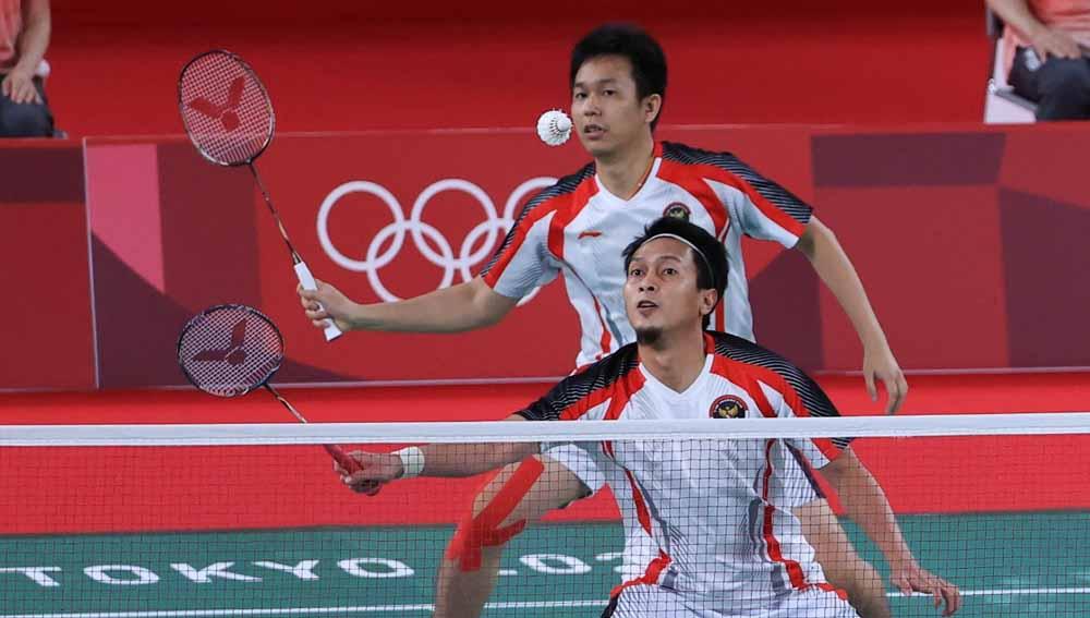 Aksi Mohammad Ahsan/Hendra Setiawan di semifinal Olimpiade Tokyo.