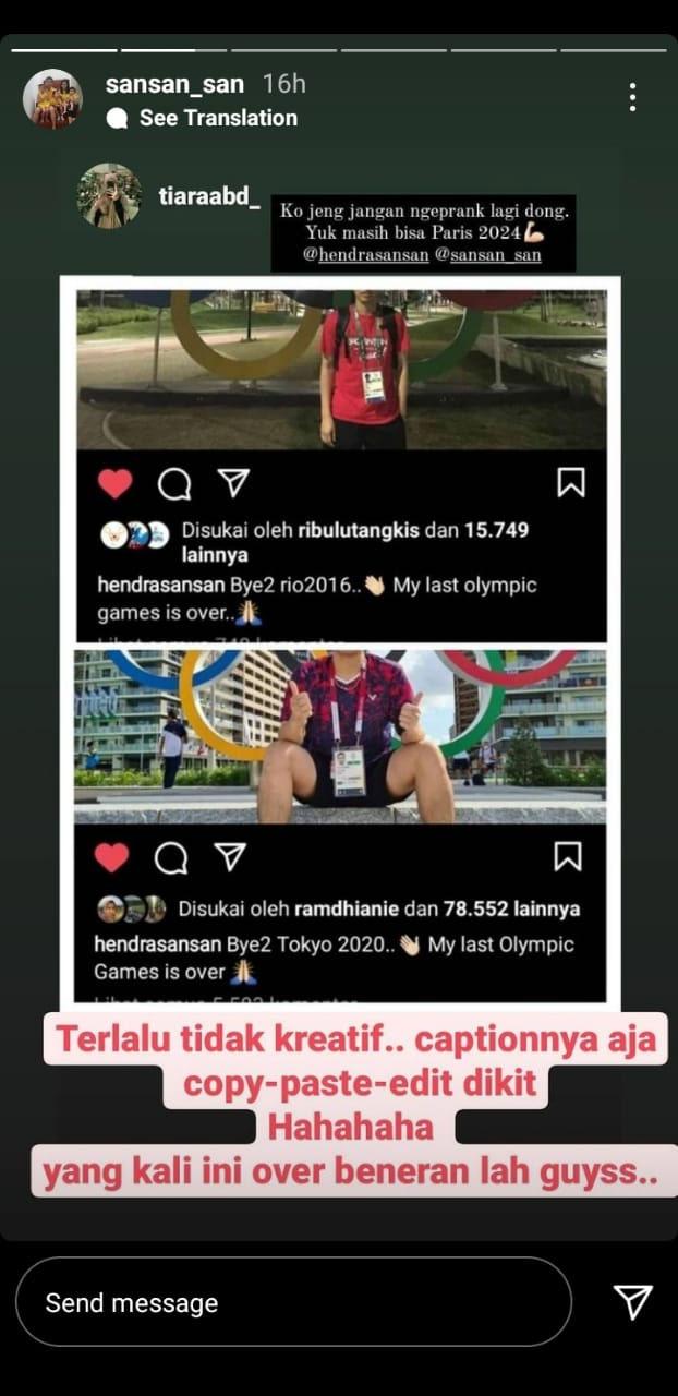 Jawaban Istri saat Hendra/Ahsan sebut Olimpiade Tokto terakhir. Copyright: Instastory@sansan_san