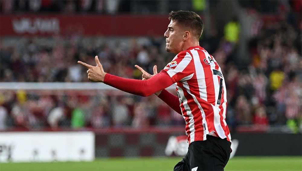 Selebrasi Sergi Canos di laga Liga Inggris Brentford vs Arsenal.