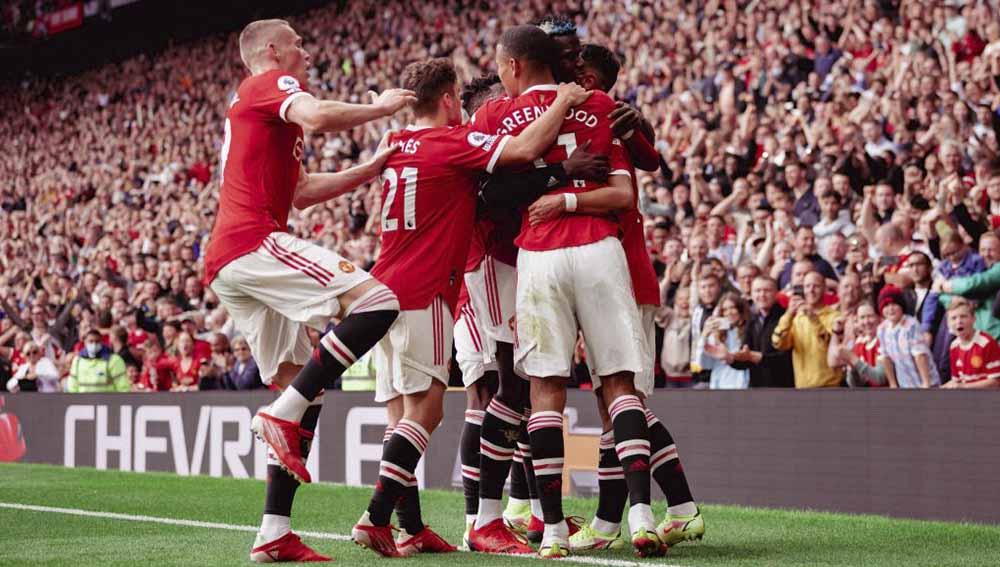 Selebrasi pemain Manchester United usai mencetak gol ke gawang Leeds United.