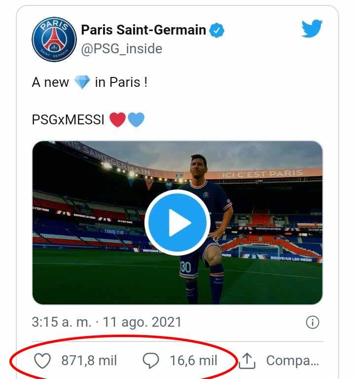 Jumlah like dan komentar di Twitter saat Messi pindah ke PSG Copyright: PSG