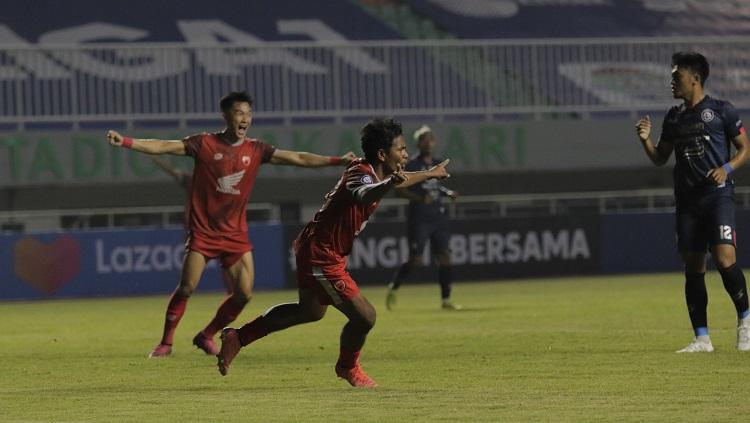 Selebrasi gol winger PSM Makassar, Ilham Udin Armaiyn, ke gawang Arema FC di pekan pembuka BRI Liga 1 2021/22