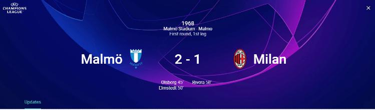 Hasil Pertandingan Malmo FF vs AC Milan di Liga Champions 1968 Copyright: uefa.com