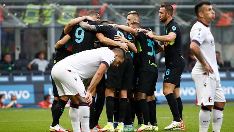 Perayaan gol Inter Milan ke gawang Bologna yang dicetak oleh Milan Skriniar dalam lanjutan Liga Italia. - INDOSPORT