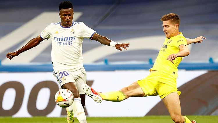 Aksi Vinicius Junior di laga Real Madrid vs Villarreal dalam lanjutan LaLiga Spanyol.