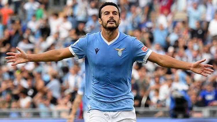 Selebrasi gol Pedro di laga Lazio vs AS Roma dalam lanjutan Liga Italia.