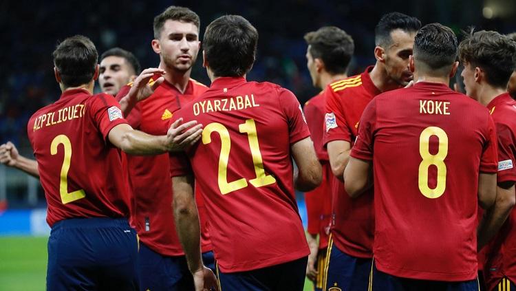 Selebrasi Ferran Torres saat mencetak gol untuk Spanyol dalam pertandingan UEFA Nations League kontra Italia, Rabu (6/10/21).