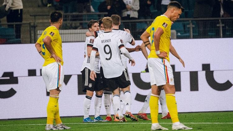 Selebrasi gol Jerman dalam pertandingan Kualifikasi Piala Dunia 2022 kontra Rumania, Jumat (8/10/21). - INDOSPORT