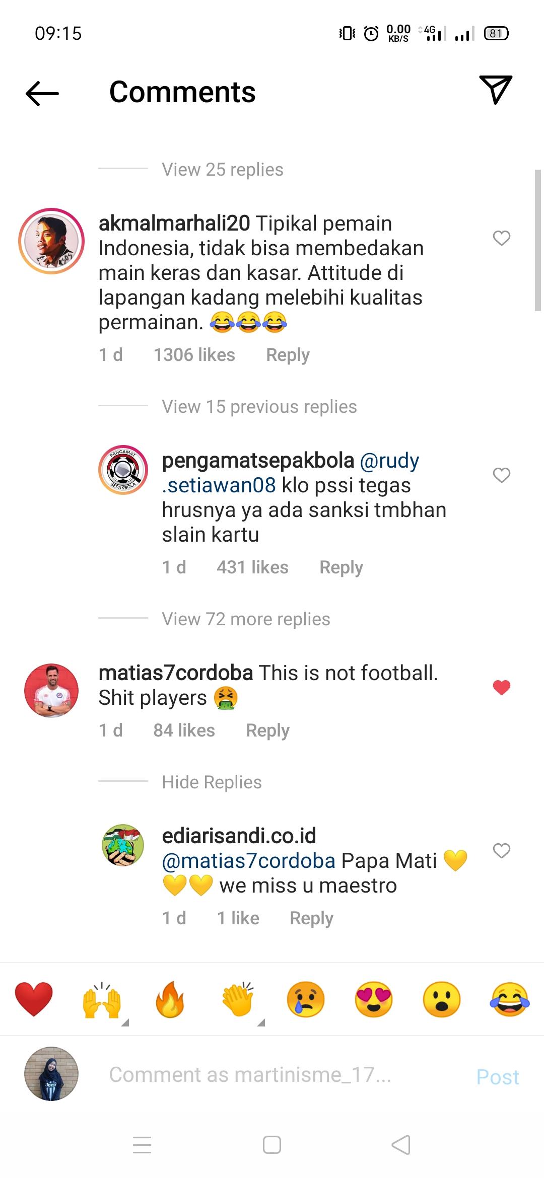 Matias Cordoba komentari kekerasan pemain PSG Pati. Copyright: Instagram