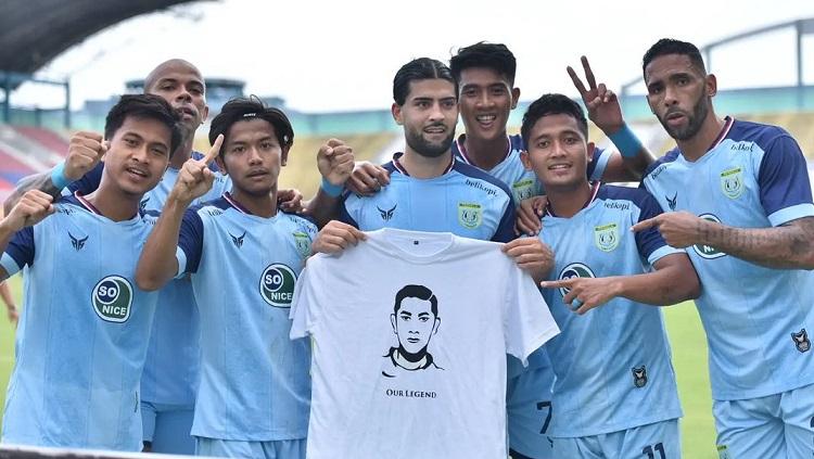 Selebrasi gol pemain asing Persela Lamongan, Jabar Sharza, dalam pertandingan Liga 1 kontra Madura United, Sabtu (16/10/21).