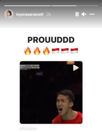 Isyana bangga lihat perjuangan tim bulutangkis Indonesia di Piala Thomas 2020 Copyright: instagram.com/stories/isyanasarasvati