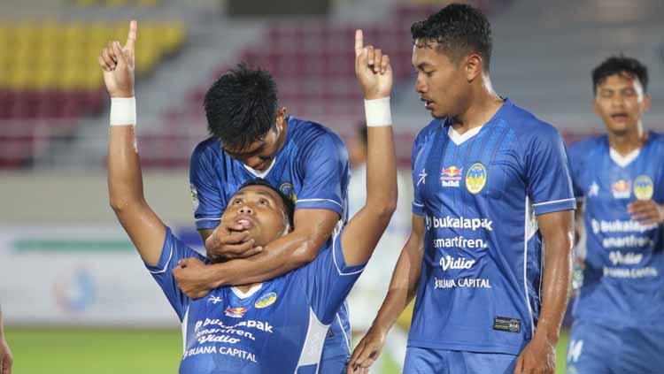 Selebrasi pemain PSIM Yogyakarta, Ahmad Ihwan, merayakan gol keduanya ke gawang Persijap Jepara
