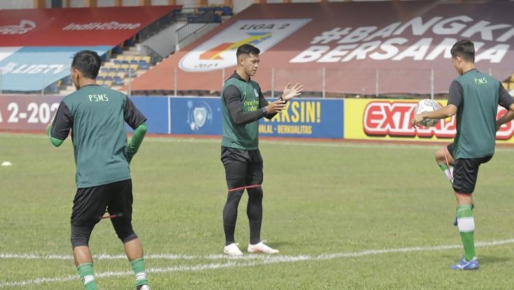 Pemain PSMS Medan menjalani latihan menjelang laga lanjutan Liga 2 2021.
