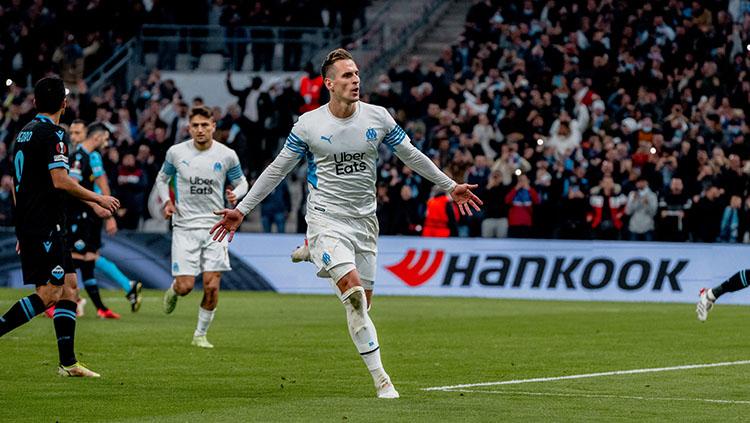 Selebrasi pemain Marseille saat mencetak gol ke gawang Lazio. - INDOSPORT