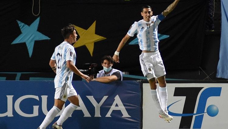 Selebrasi Angel Di Maria dalam pertandingan Kualifikasi Piala Dunia 2022 antara Uruguay vs Argentina. - INDOSPORT