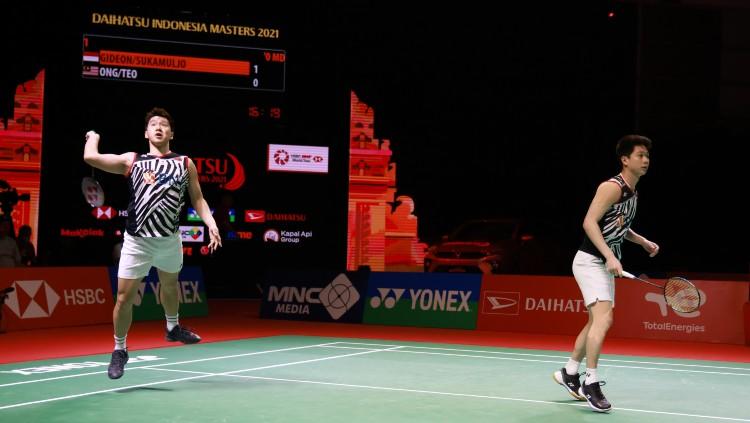 Kevin Sanjaya Sukamuljo/Marcus Fernaldi Gideon di semifinal Indonesia Masters 2021. - INDOSPORT