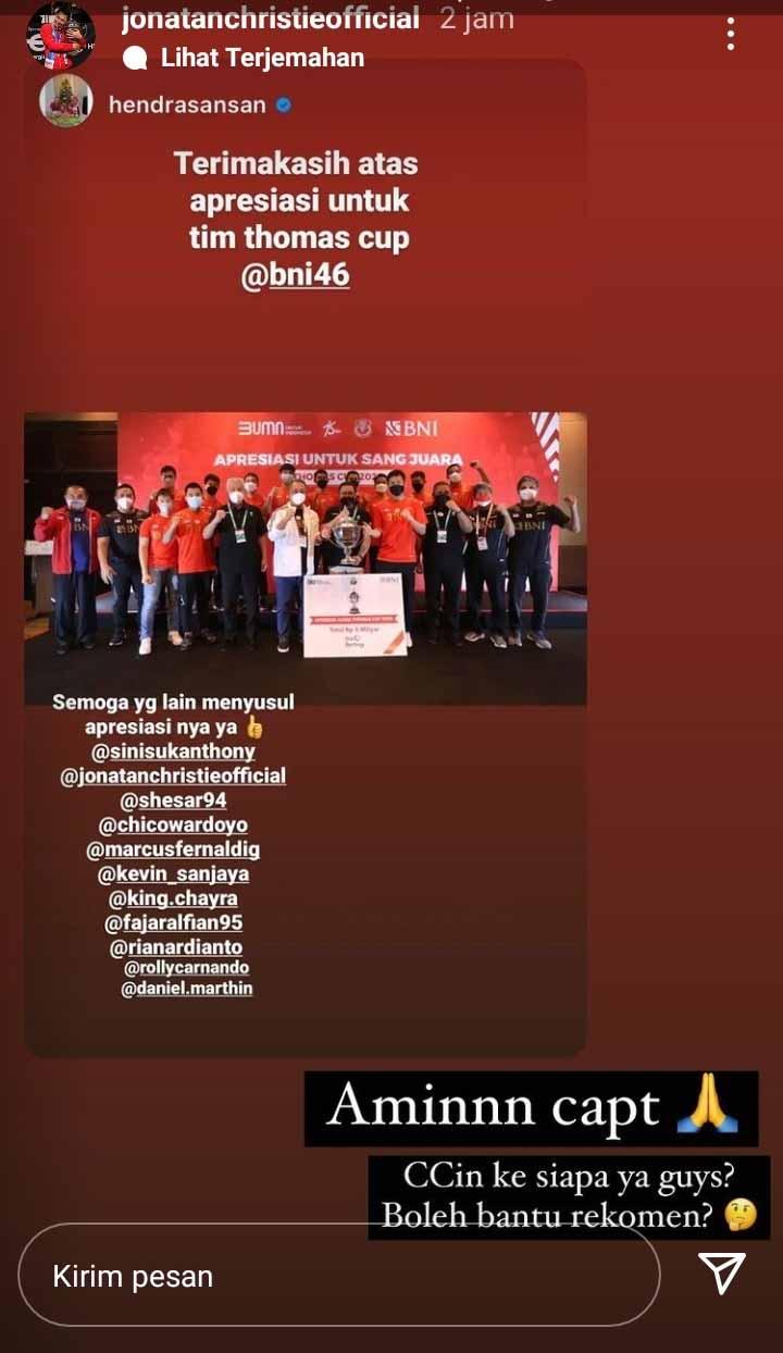 Sindiran halus Jonatan Christie menanti bonus Piala Thomas. Copyright: Instastory@jonatanchristieofficial