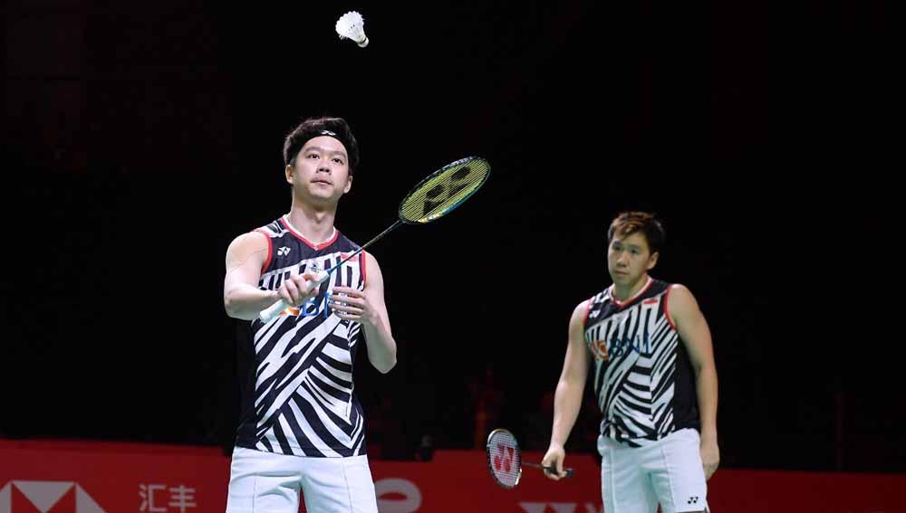 Ganda Indonesia, Marcus Gideon/Kevin Sanjaya pada final BWF World Tour Final 2021 di Bali International Convention Center, Minggu (05/12/21).