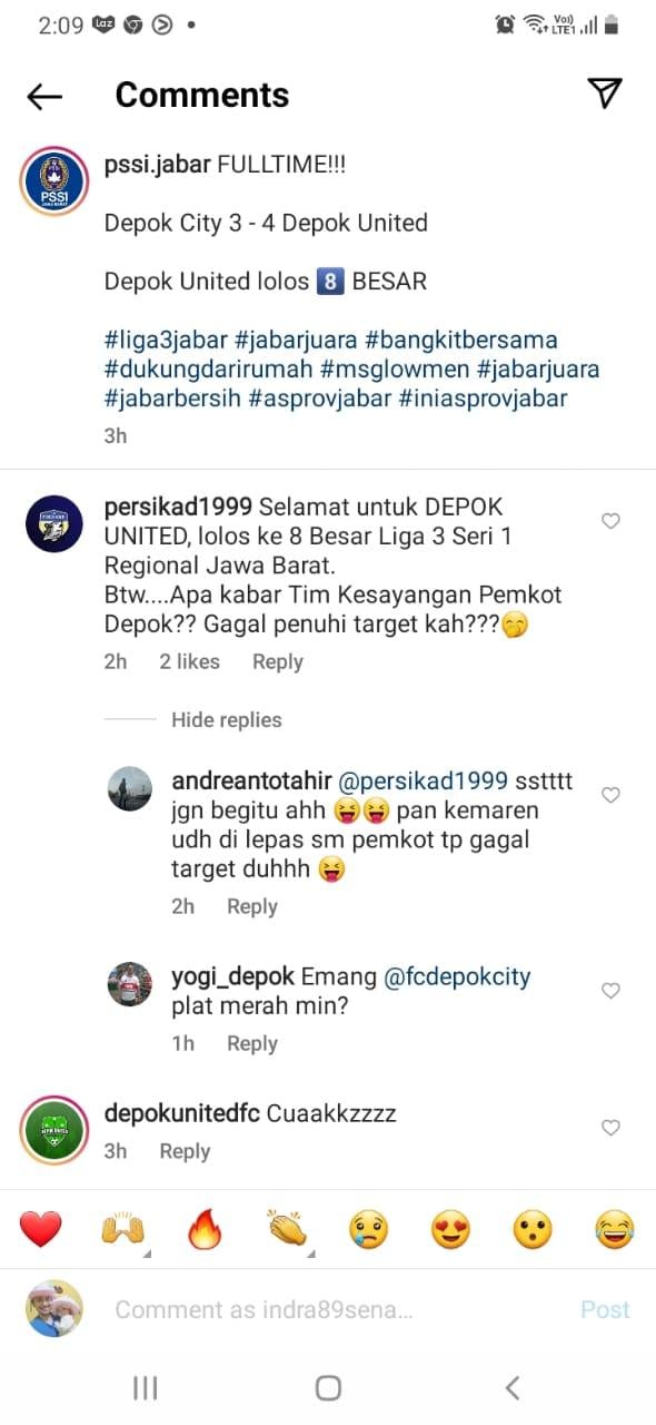 Komentar bernada sindiran Persikad 1999 menanggapi kekalahan Depok City di Liga 3 2021. Copyright: Instagram