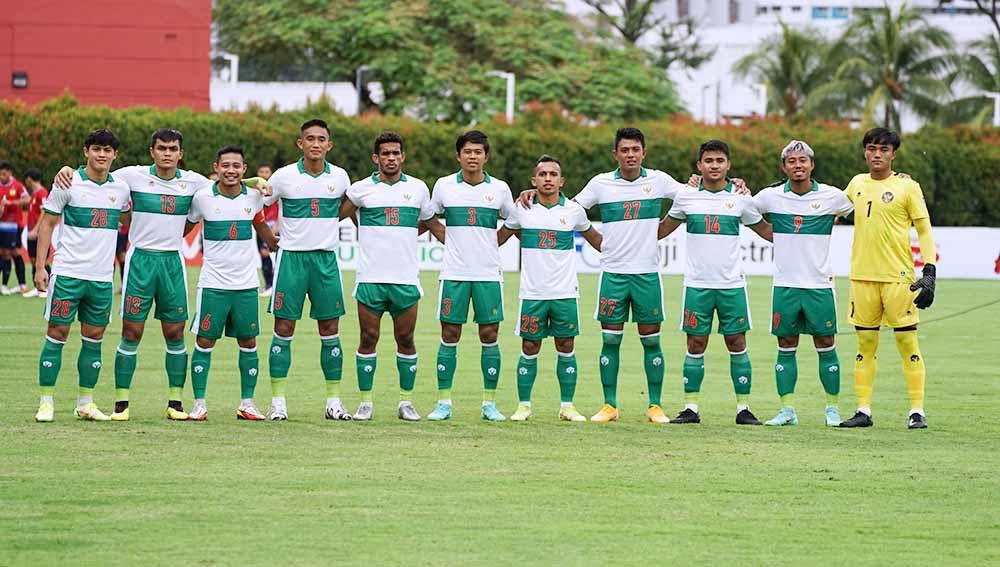 Starting eleven Timnas Indonesia saat menghadapi Laos pada laga kedua fase grup B Piala AFF di Bishan Stadium, Minggu (12/12/21).