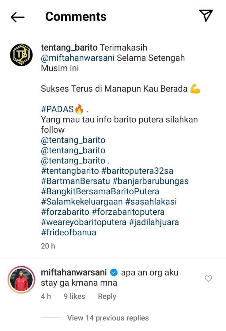 Komentar Miftah Anwar Sani soal hengkang dari Barito Putera Copyright: Instagram