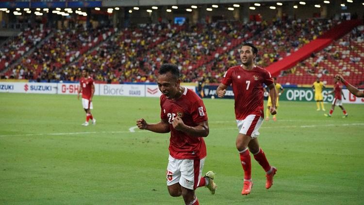 Timnas Indonesia merayakan gol ke gawang Malaysia di laga Grup B Piala AFF, Minggu (19/12/21).
