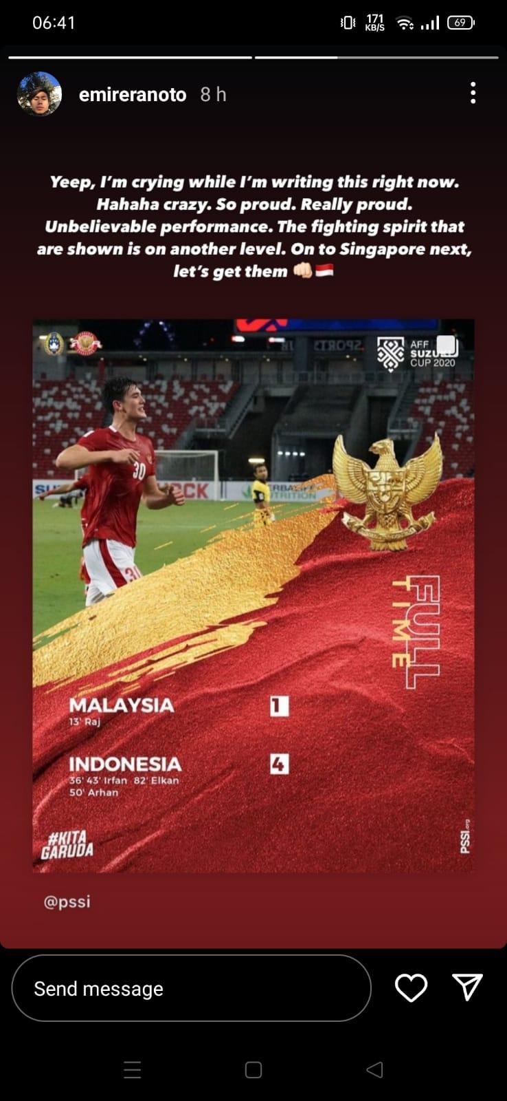 Emir Eranoto berlinang air mata saat Timnas Indonesia menang atas Malaysia di Piala AFF 2020. Copyright: Instagram @emireranoto